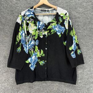 Notations Cardigan Women 2X Plus Black Floral Button Up Long Sleeve Cotton